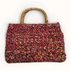 Vintage Woven Tote Purse Bamboo Handle Textured Handbag Multicolor Resort Summer